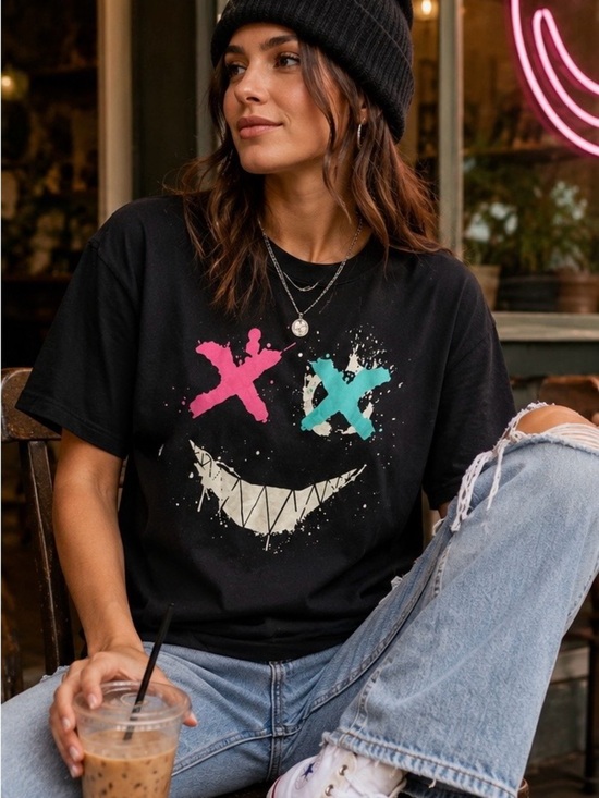Tops - X Eyes Smiley Face Graphic T-Shirt Streetwear Y2K Emo Grunge